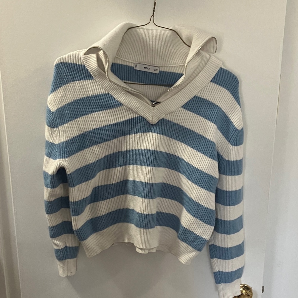 Mango Blue & Cream Striped V-Neck Collared Sweater